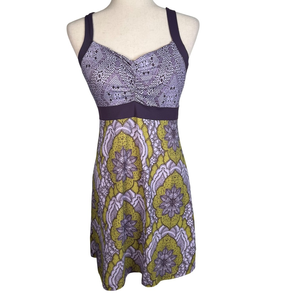 Prana Dress Womens Purple Green Cotton Boho Shelf Bra Yoga Festival Summer